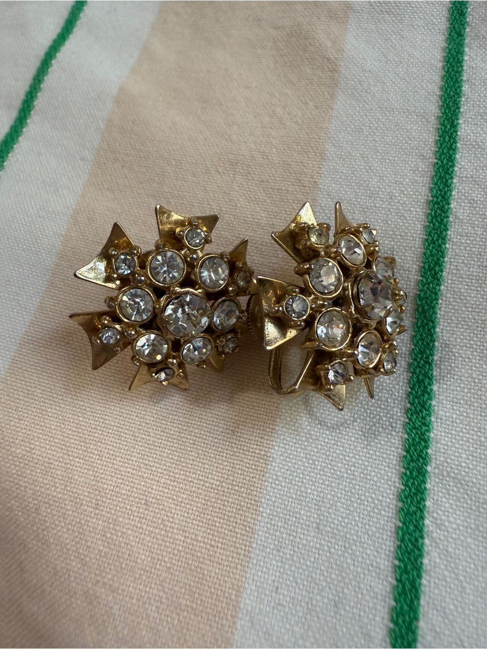 1950s Goldtone Maltese Cross Rhinestone Screwback Earrings